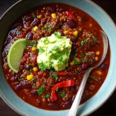 En skål med mustig chili con carne, toppad med guacamole, lime och färsk persilja. Perfekt för en kall kväll!