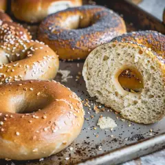 Färska bagels med sesamfrön och vallmofrön, perfekta för ditt bagels recept. En skiva visar den fluffiga insidan.