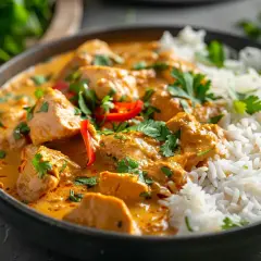 En krämig kycklingcurry med bitar av kyckling i en gyllene sås, serverad med fluffigt vitt ris. En härlig banan med ris-rätt.