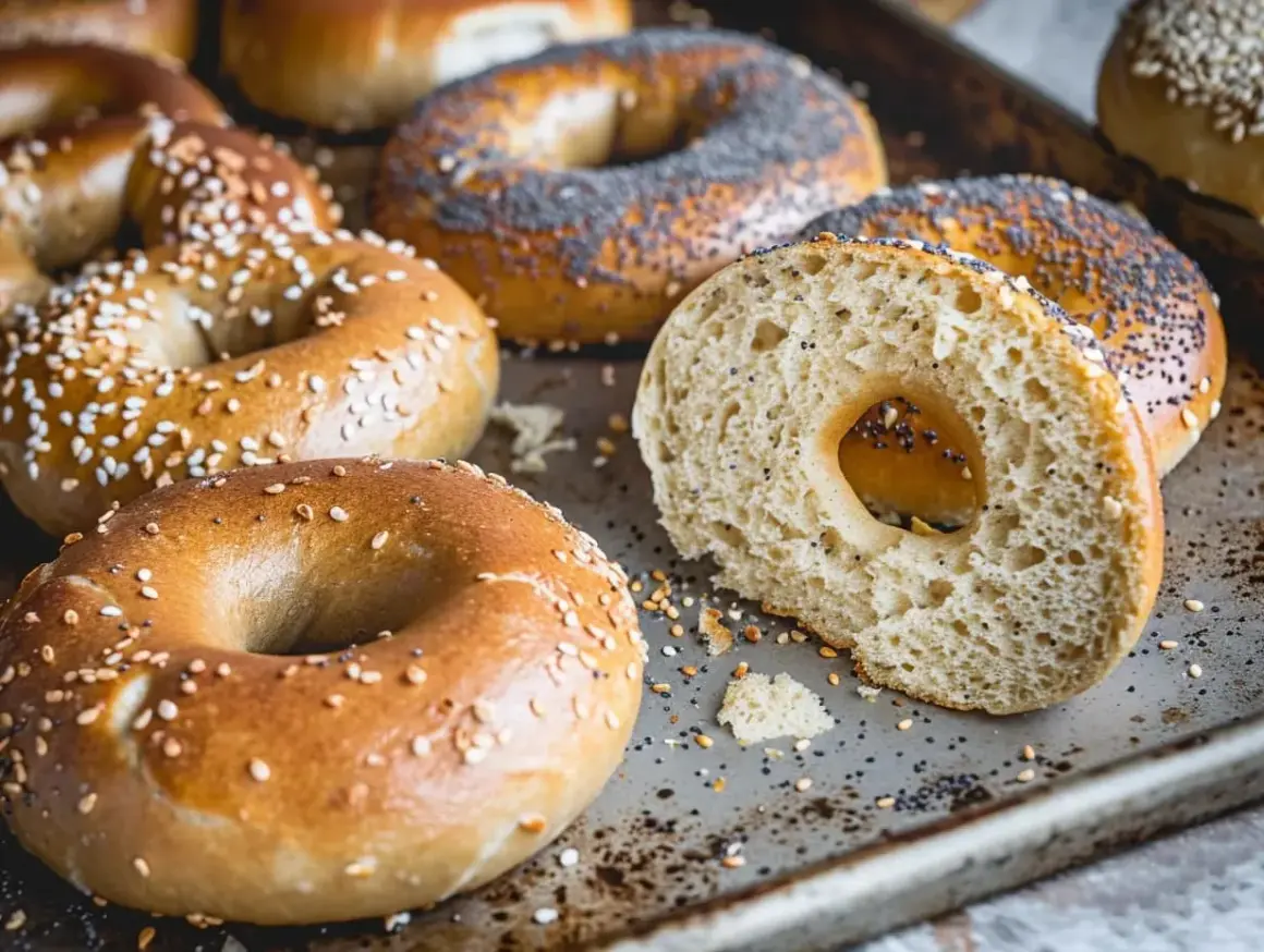 Färska bagels med sesamfrön och vallmofrön, perfekta för ditt bagels recept. En skiva visar den fluffiga insidan.