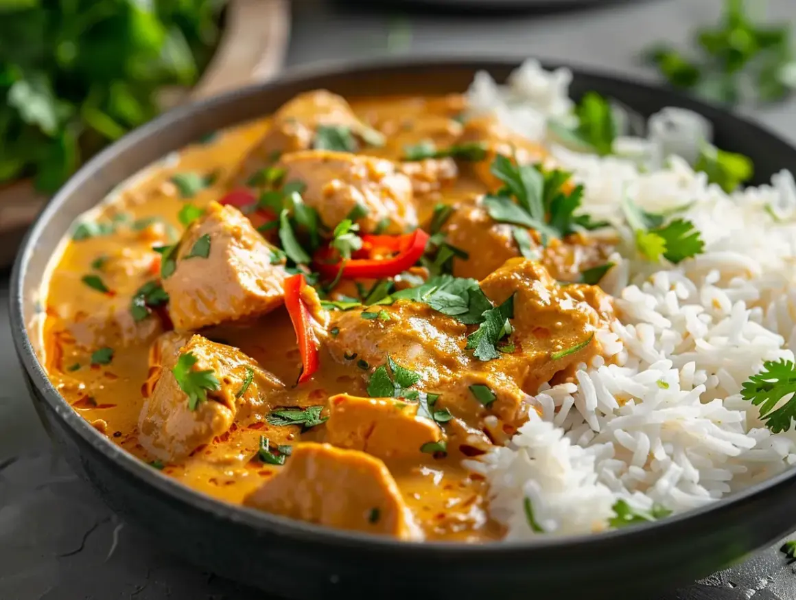 En krämig kycklingcurry med bitar av kyckling i en gyllene sås, serverad med fluffigt vitt ris. En härlig banan med ris-rätt.