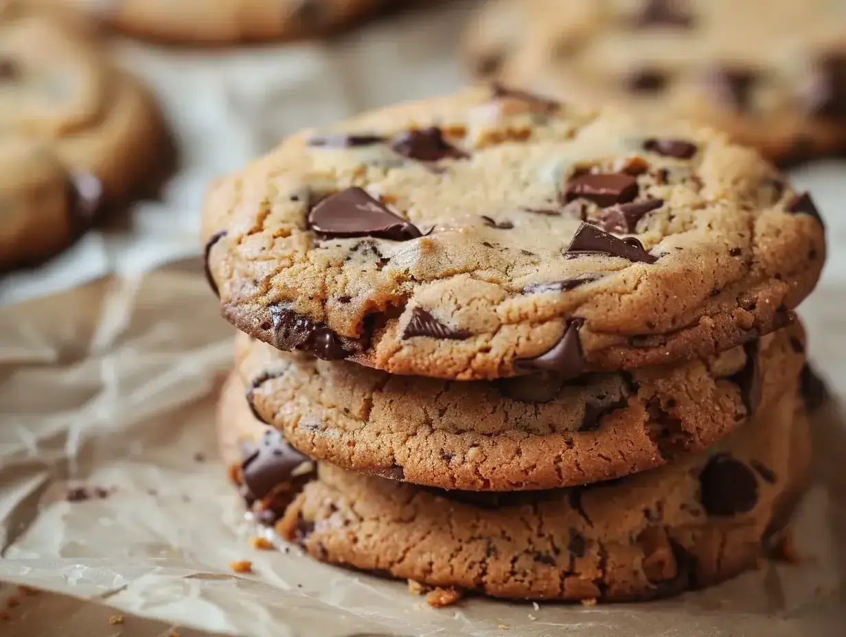 En hög med saftiga chocolate chip cookies, perfekta för fikat.